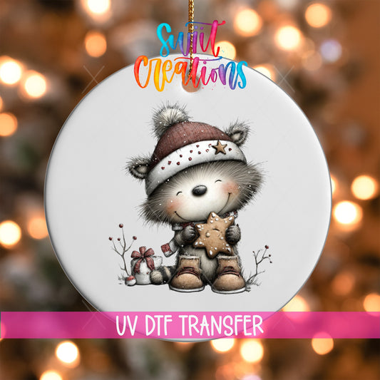 Whimsical Raccoon Christmas UV DTF Ornament Transfer | Cute Holiday Animal Transfer | O-1773 - Swiit Creations