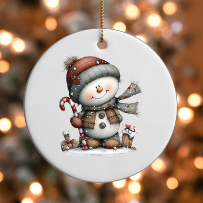 Whimsical Snowman ornament UV DTF transfer on a round white ornament with a bokeh light background