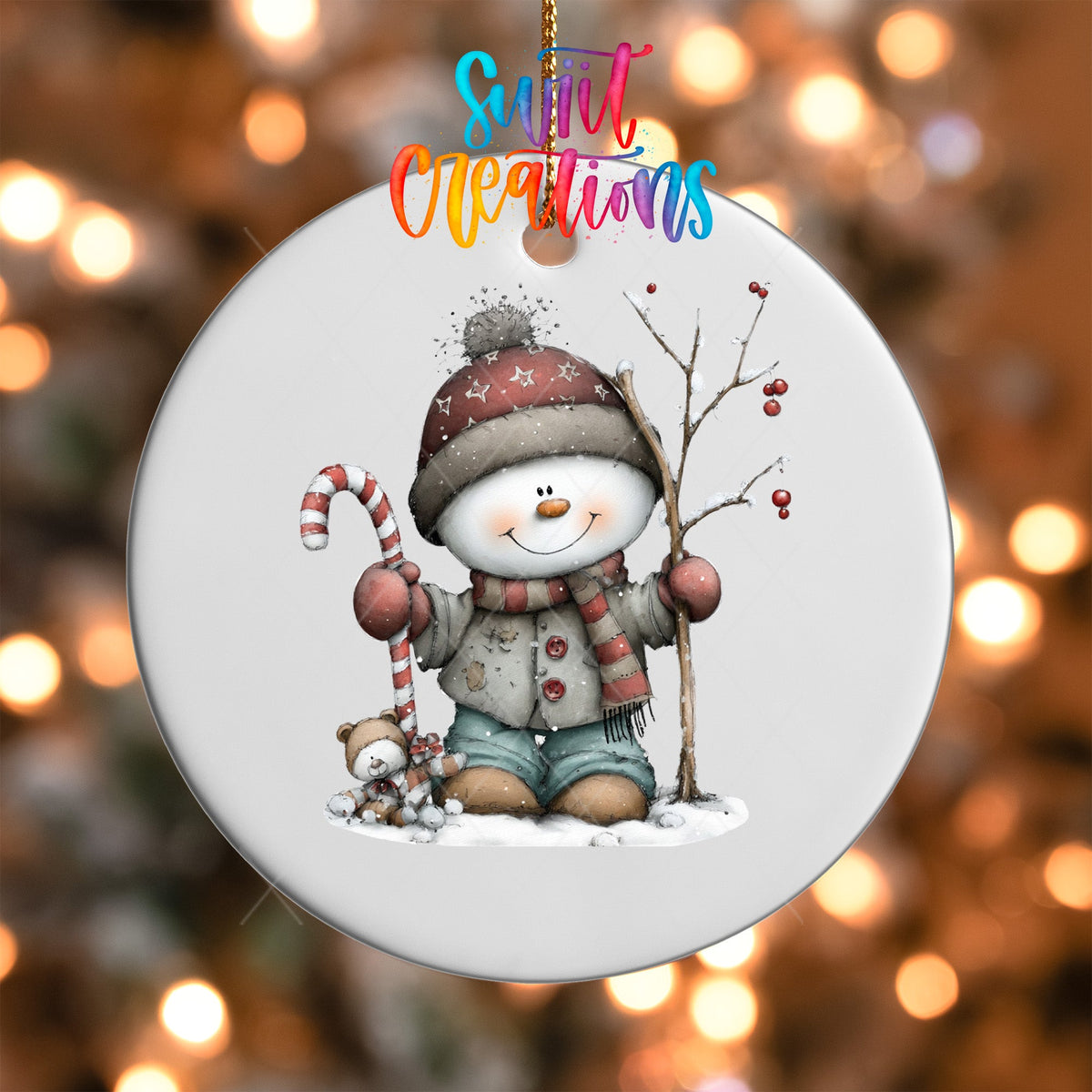 Whimsical Snowman With Candy Cane Christmas UV DTF Ornament Transfer | O-1752 - Swiit Creations