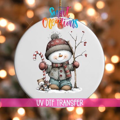 Whimsical Snowman With Candy Cane Christmas UV DTF Ornament Transfer | O-1752 - Swiit Creations
