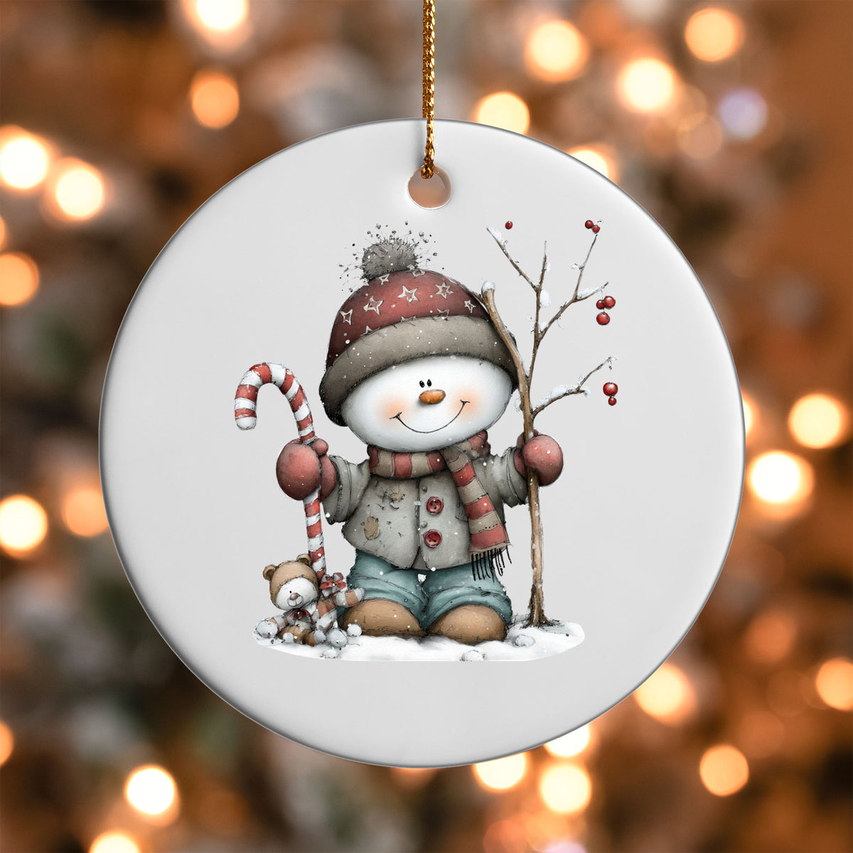Whimsical Snowman with Candy Cane ornament UV DTF transfer on a round white ornament with a bokeh light background
