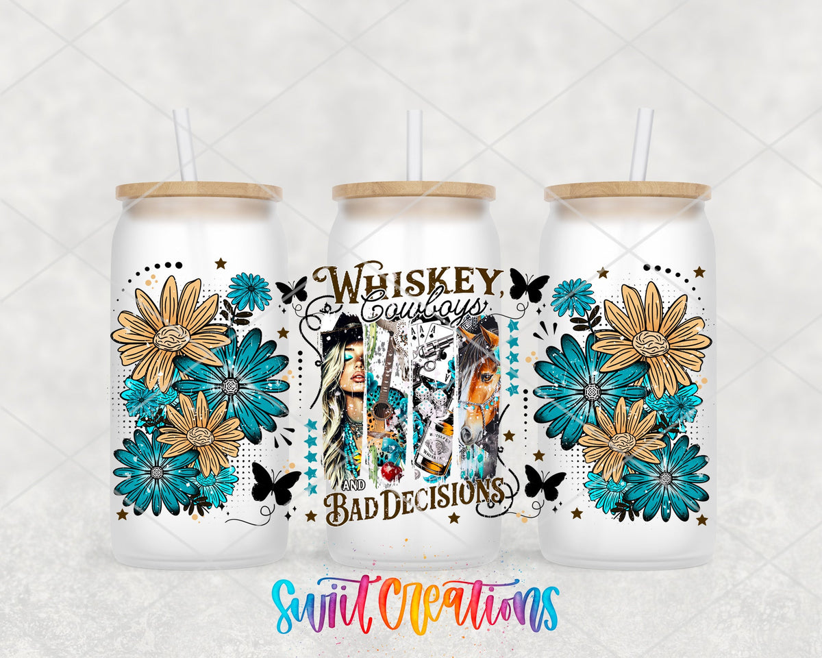 Whiskey Cowboys and Bad Decisions UV DTF full wrap on three frosted glass cans