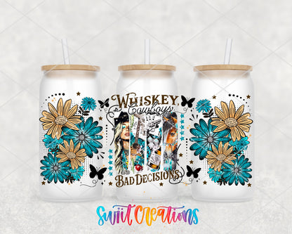 Whiskey Cowboys and Bad Decisions UV DTF full wrap on three frosted glass cans