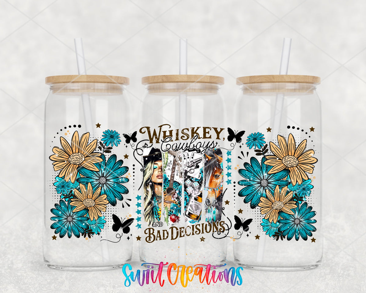 Whiskey Cowboys and Bad Decisions UV DTF full wrap on three glass cans