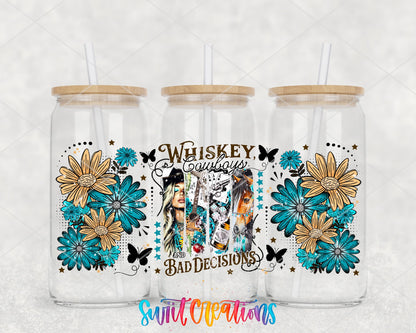 Whiskey Cowboys and Bad Decisions UV DTF full wrap on three glass cans