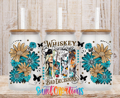 Whiskey Cowboys and Bad Decisions UV DTF full wrap on three clear glass cans with bamboo lids