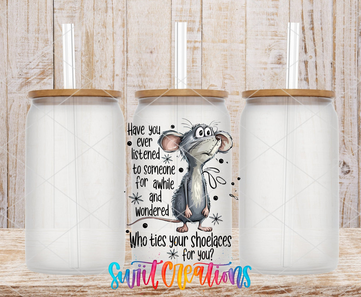 Who Ties Your Shoelaces UV DTF transfer on frosted glass cans with bamboo lids