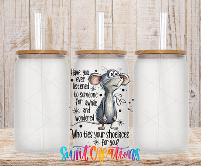Who Ties Your Shoelaces UV DTF transfer on frosted glass cans with bamboo lids