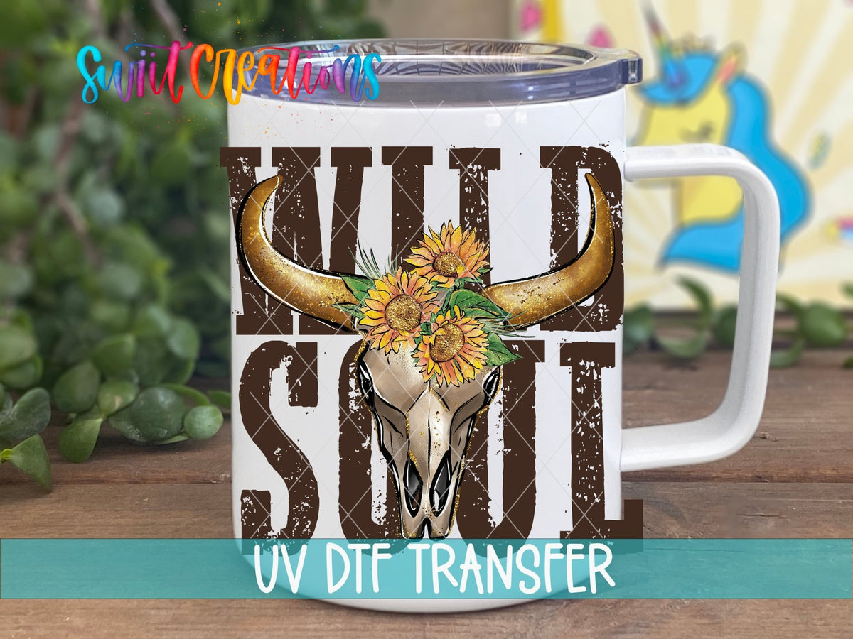 Wild Soul UV DTF transfer on a white stainless steel mug with a lid