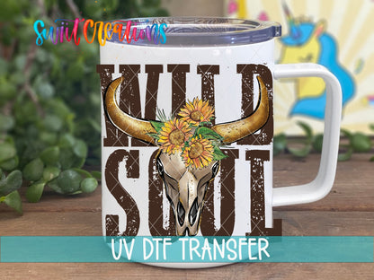 Wild Soul UV DTF transfer on a white stainless steel mug with a lid