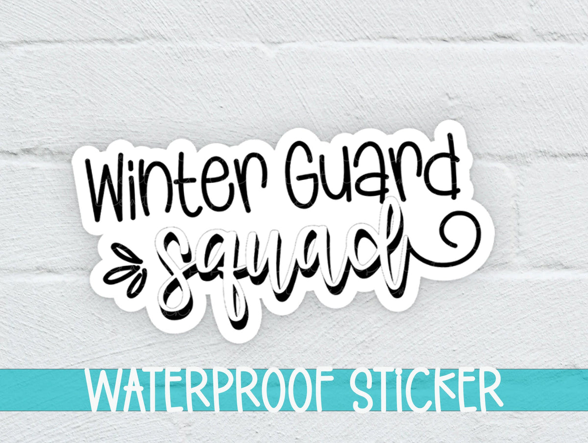 Winter Guard Squad sticker on a white brick background with a waterproof sticker banner