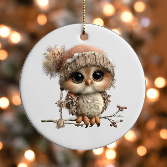 Winter Owl ornament UV DTF transfer on a round white ornament with a bokeh light background
