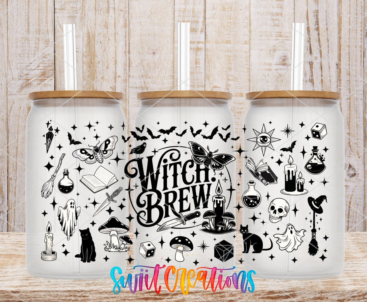 Witch Brew UV DTF full wrap on three clear glass cans with bamboo lids