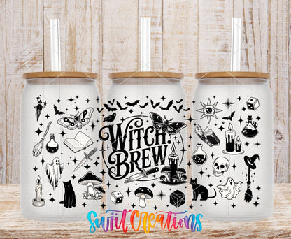 Witch Brew UV DTF full wrap on three clear glass cans with bamboo lids