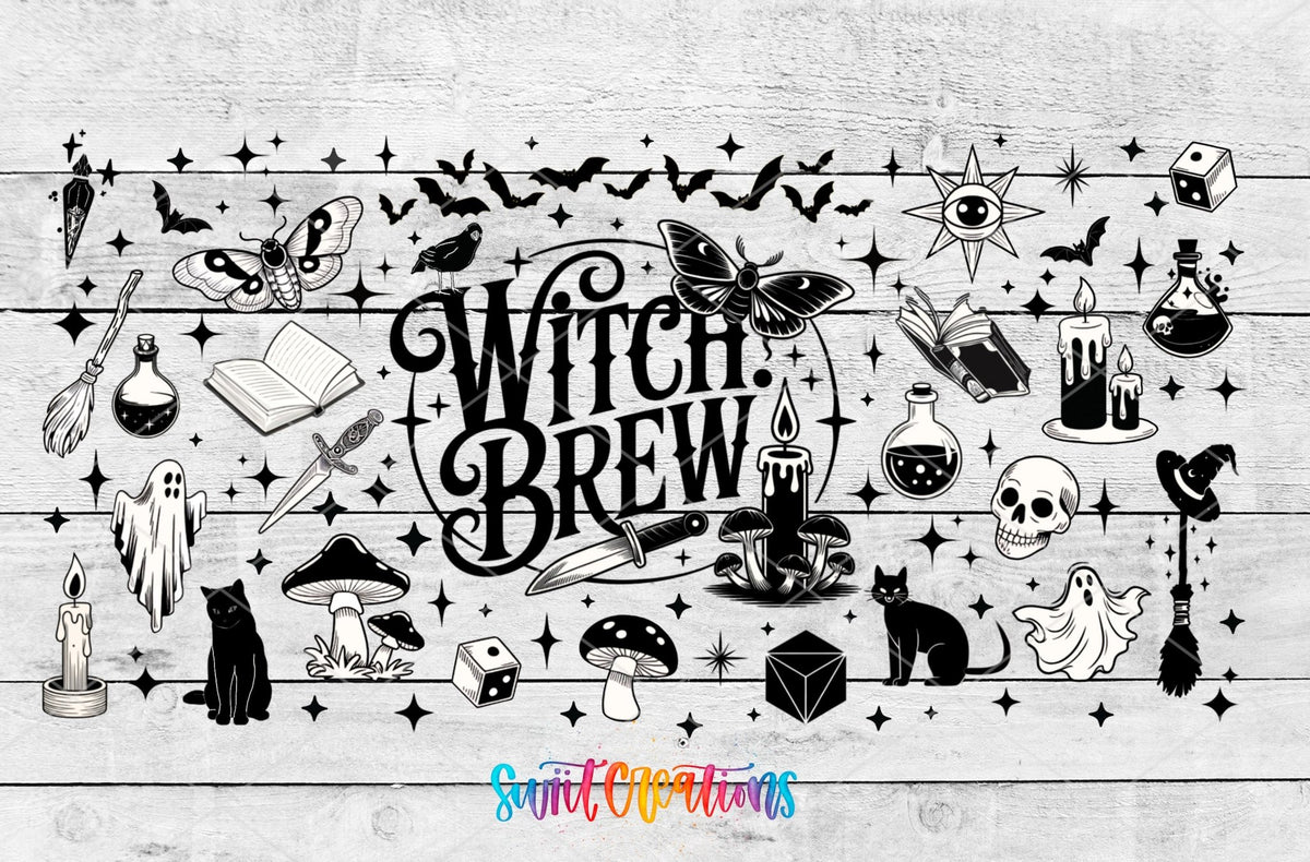 Witch Brew UV DTF full wrap artwork on a white wood background