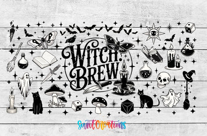 Witch Brew UV DTF full wrap artwork on a white wood background