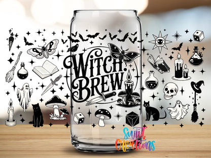 Close-up of the Witch Brew UV DTF full wrap on a clear glass can
