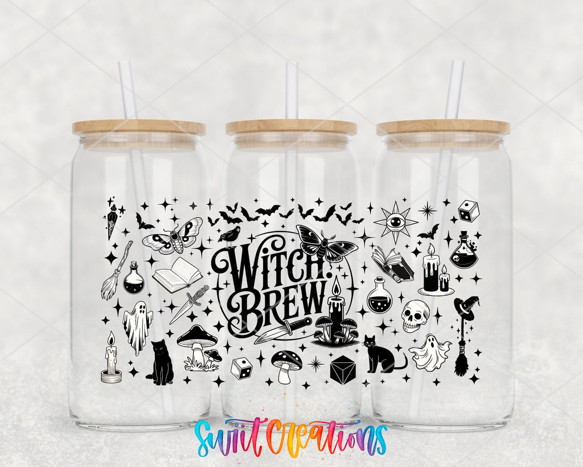 Witch Brew UV DTF full wrap on three glass cans