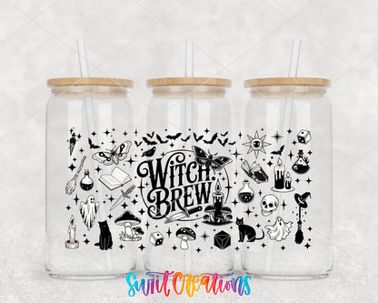 Witch Brew UV DTF full wrap on three glass cans