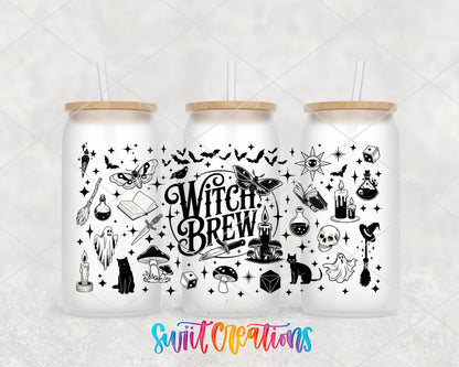 Witch Brew UV DTF full wrap on three frosted glass cans