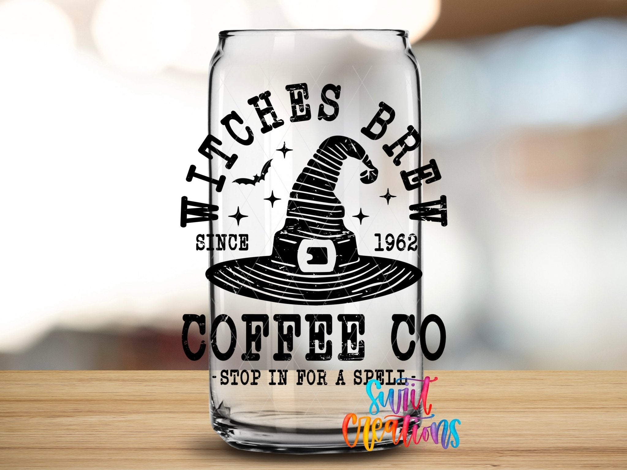 Witches Brew Coffee Co UV DTF transfer applied to a clear glass can from Swiit Creations