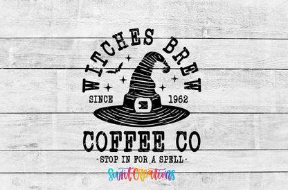 Witches Brew Coffee Co UV DTF transfer artwork on a white wood background