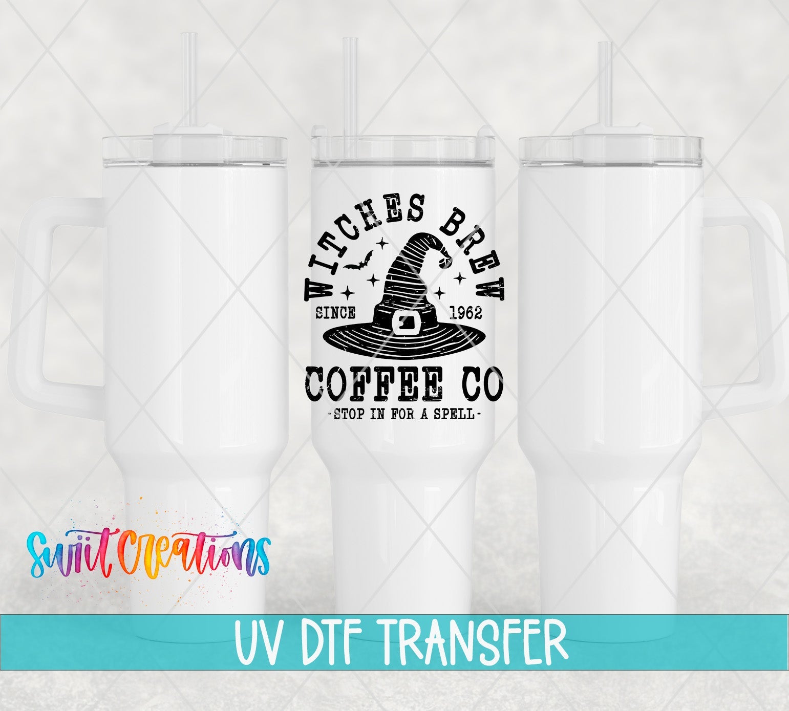 Witches Brew Coffee Co UV DTF transfer applied to a white tumbler set from Swiit Creations