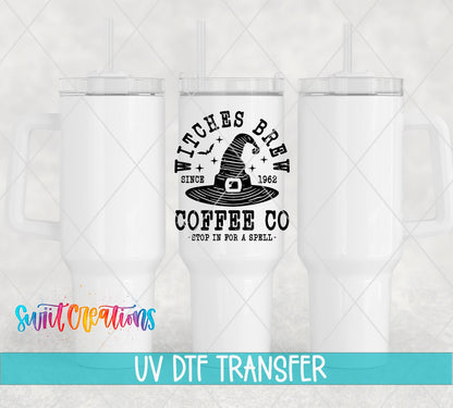 Witches Brew Coffee Co UV DTF transfer on white 40 oz tumblers