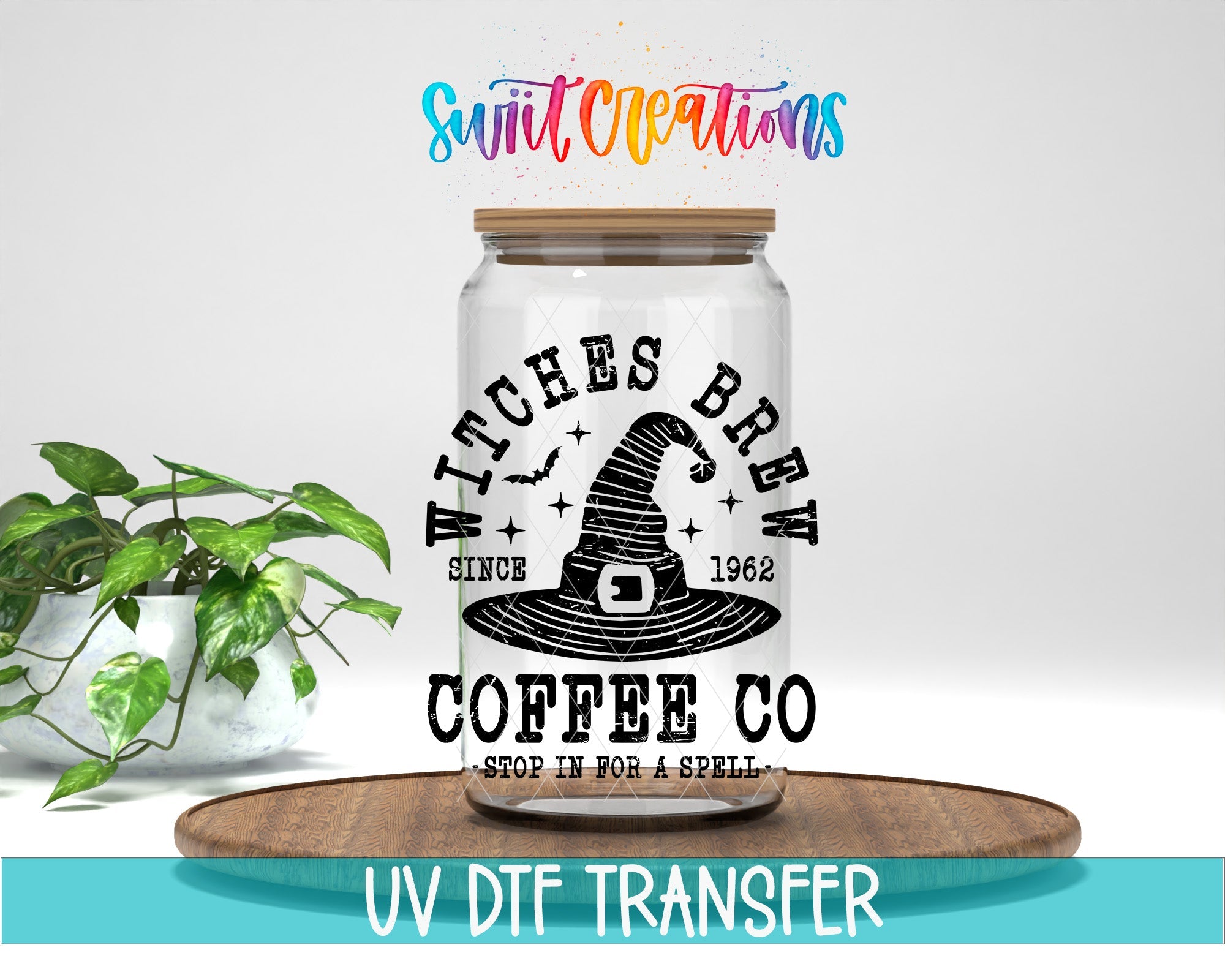 Witches Brew Coffee Co UV DTF transfer displayed on a clear jar mockup from Swiit Creations