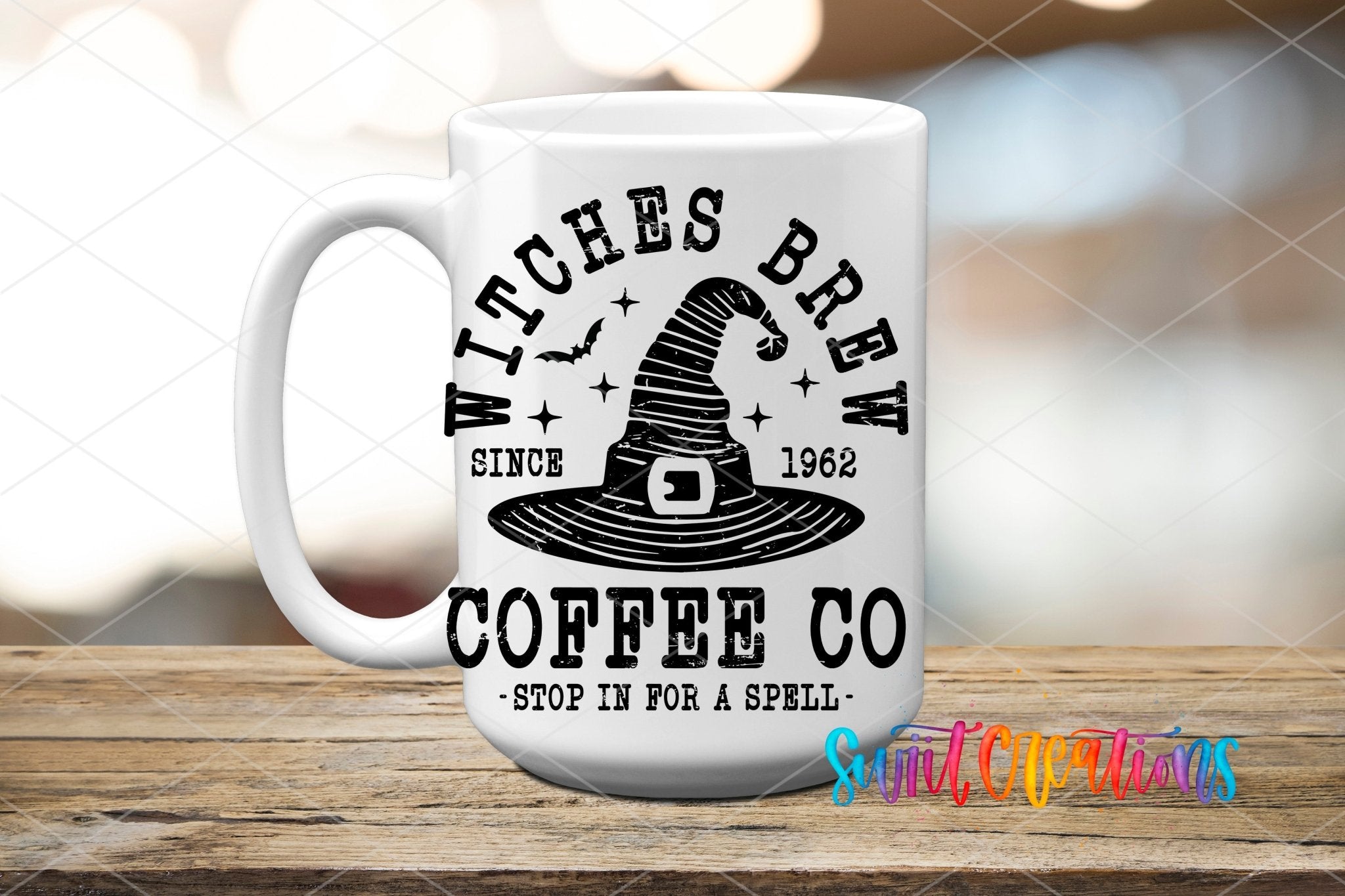 Witches Brew Coffee Co UV DTF transfer displayed on a white ceramic mug from Swiit Creations