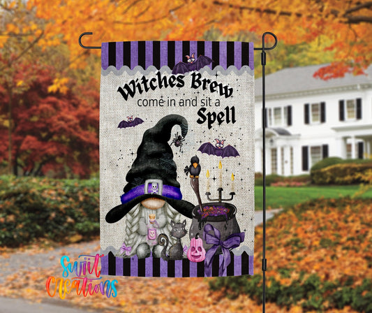Witches Brew Gnome Garden Flag | Halloween Yard Flag | Witch Outdoor Decor | Sit a Spell Porch Decoration | YF69 - Swiit Creations