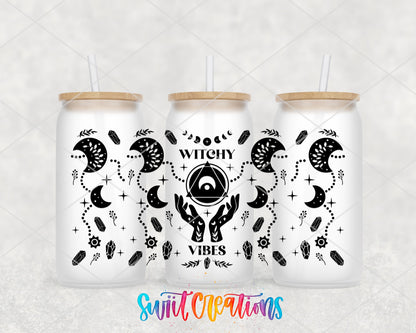 Witchy Vibes UV DTF wrap on three frosted glass cans