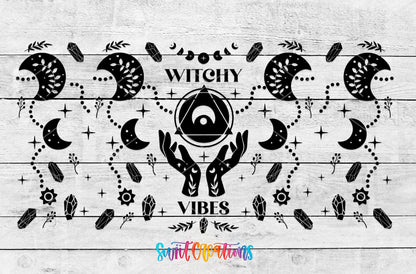 Witchy Vibes UV DTF wrap artwork on a white wood background