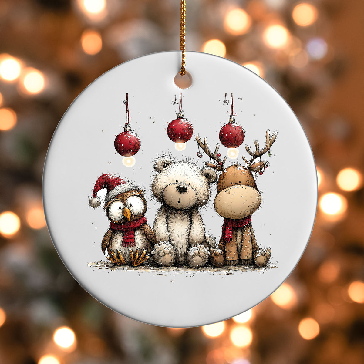 Woodland Animals Trio ornament UV DTF transfer on a round white ornament with a bokeh light background