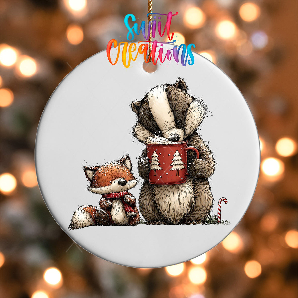 Woodland Badger And Fox With Mug Christmas Ornament UV DTF Transfer | O-1871 - Swiit Creations