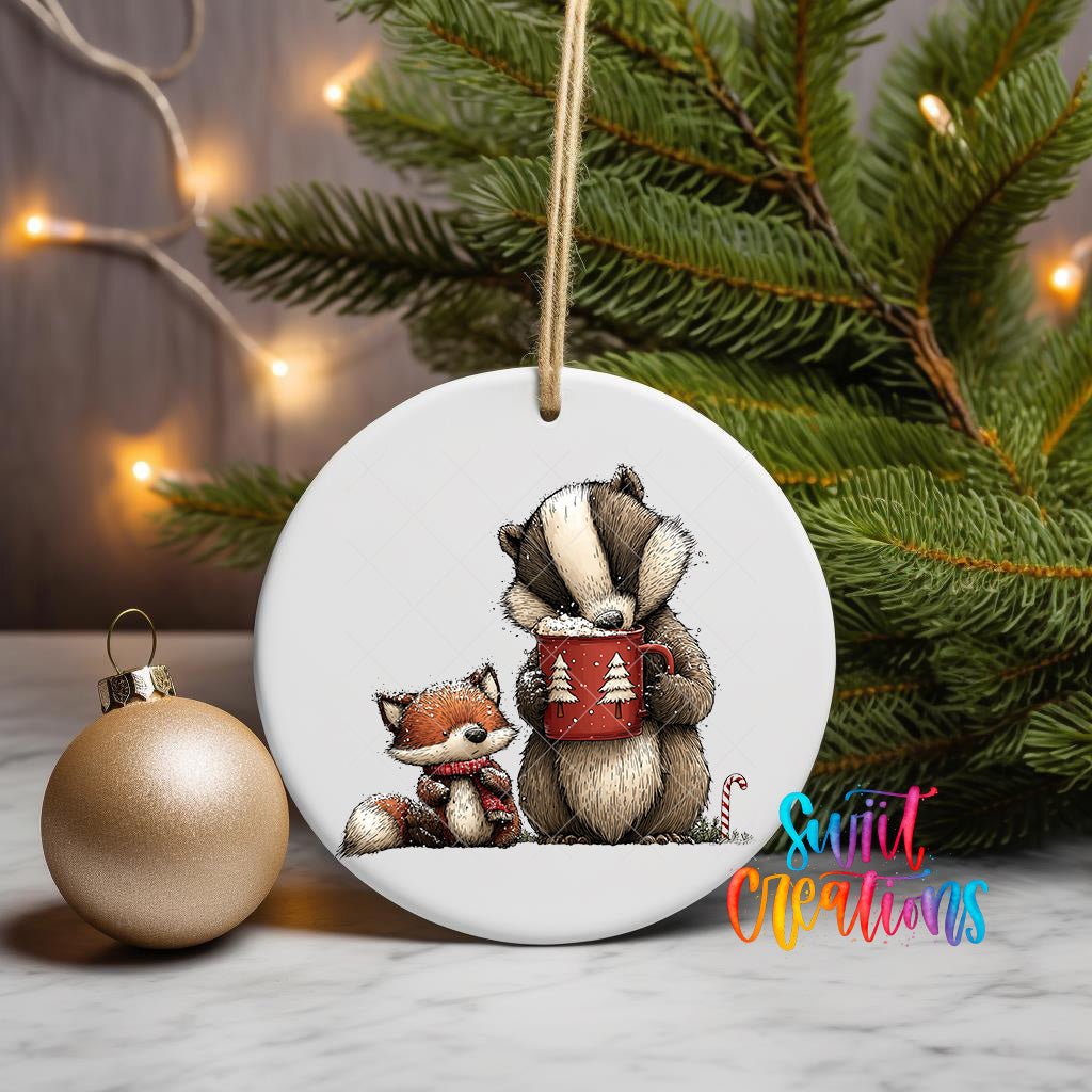 Woodland Badger And Fox With Mug Christmas Ornament UV DTF Transfer | O-1871 - Swiit Creations