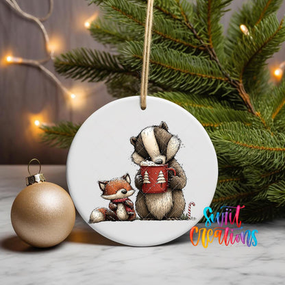 Woodland Badger And Fox With Mug Christmas Ornament UV DTF Transfer | O-1871 - Swiit Creations