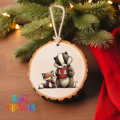 Woodland Badger And Fox With Mug Christmas Ornament UV DTF Transfer | O-1871 - Swiit Creations