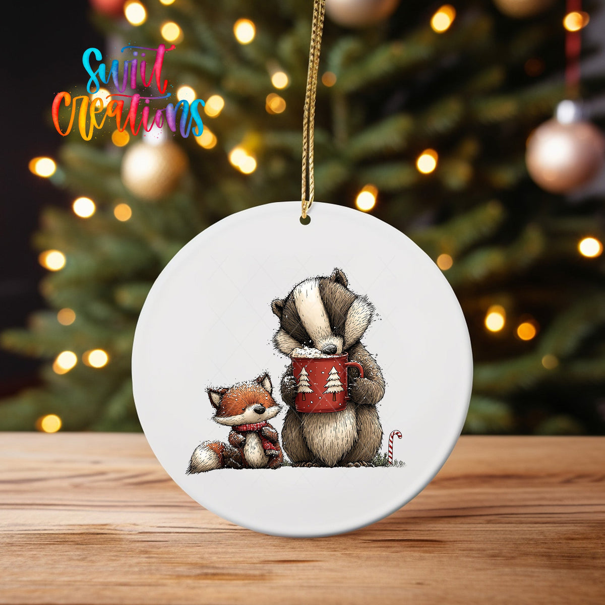Woodland Badger And Fox With Mug Christmas Ornament UV DTF Transfer | O-1871 - Swiit Creations