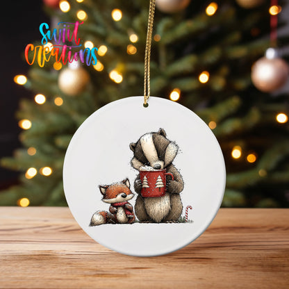Woodland Badger And Fox With Mug Christmas Ornament UV DTF Transfer | O-1871 - Swiit Creations