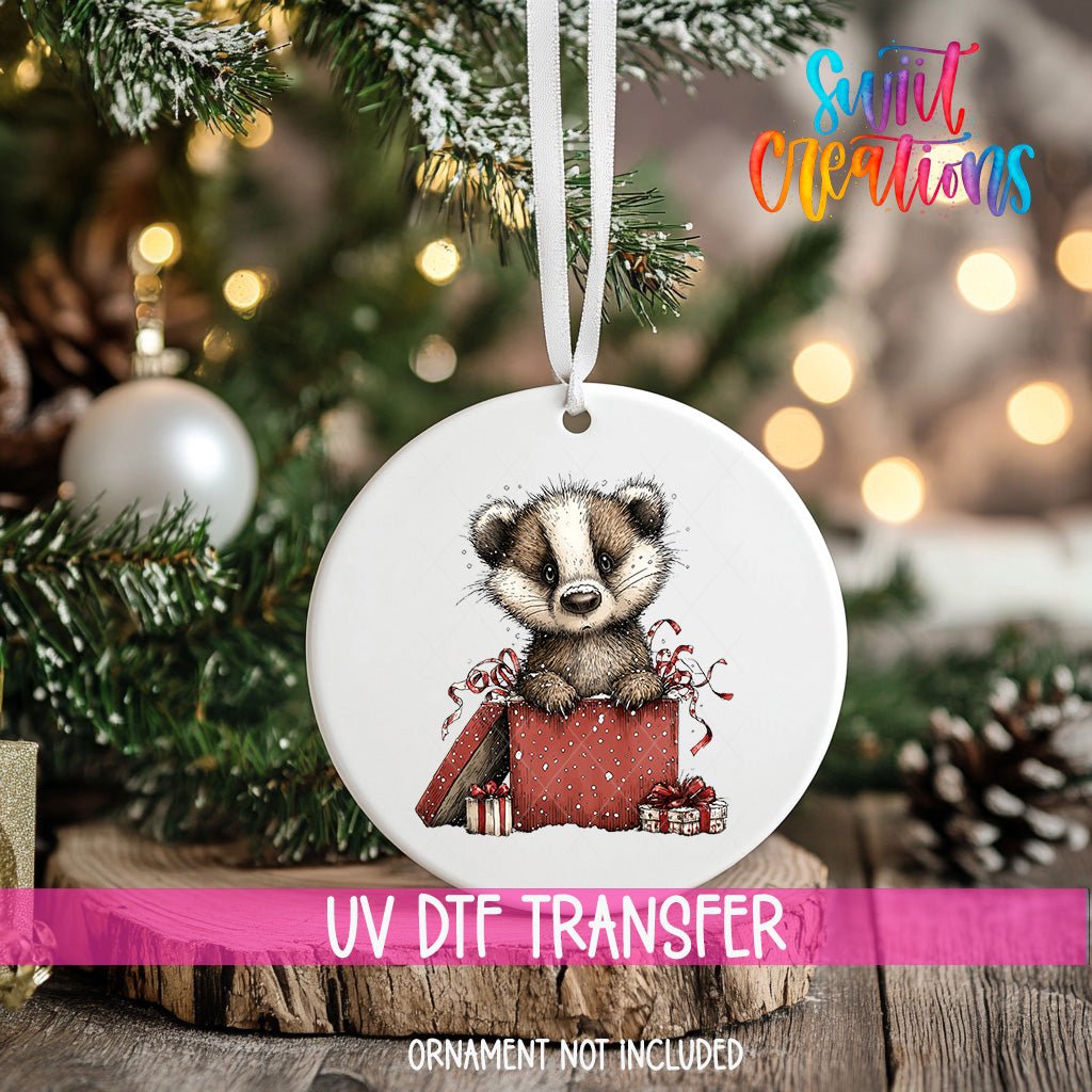 Woodland Badger In Gift Box Christmas Ornament UV DTF Transfer | O-1872 - Swiit Creations