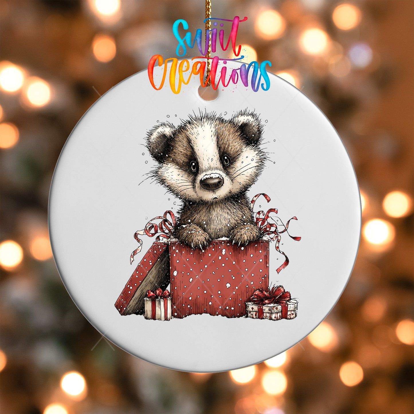 Woodland Badger In Gift Box Christmas Ornament UV DTF Transfer | O-1872 - Swiit Creations