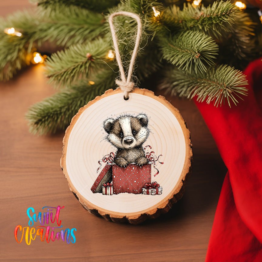 Woodland Badger In Gift Box Christmas Ornament UV DTF Transfer | O-1872 - Swiit Creations
