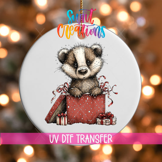 Woodland Badger In Gift Box Christmas Ornament UV DTF Transfer | O-1872 - Swiit Creations