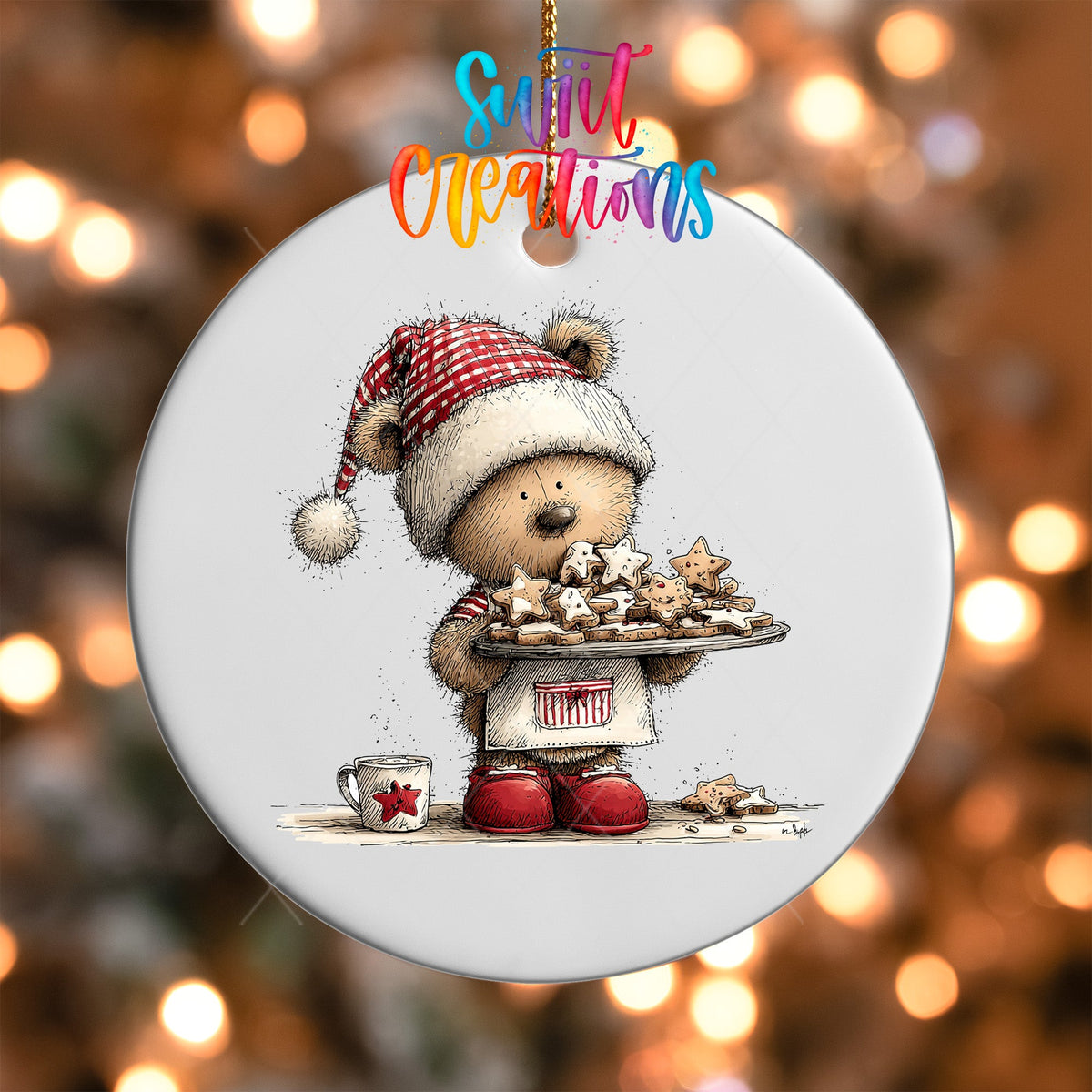 Woodland Bear With Cookies Christmas Ornament UV DTF Transfer | O-1875 - Swiit Creations