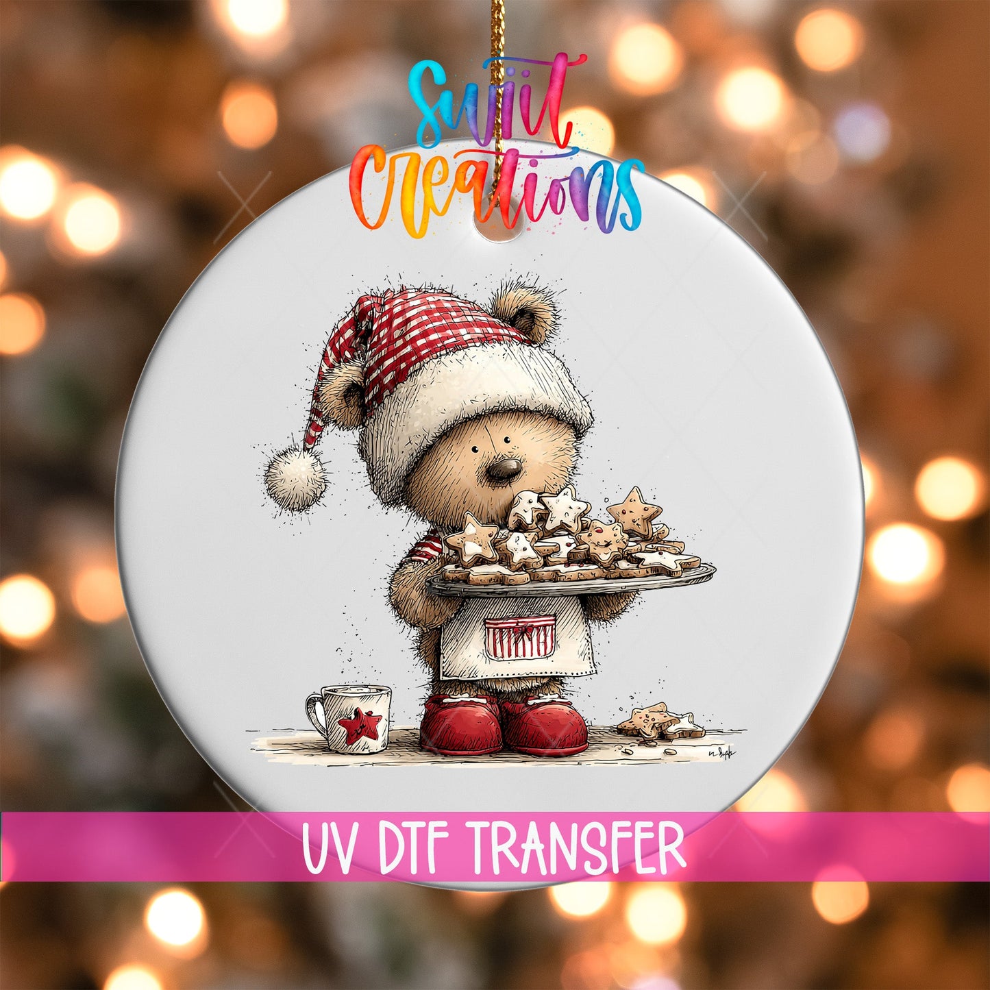 Woodland Bear With Cookies Christmas Ornament UV DTF Transfer | O-1875 - Swiit Creations