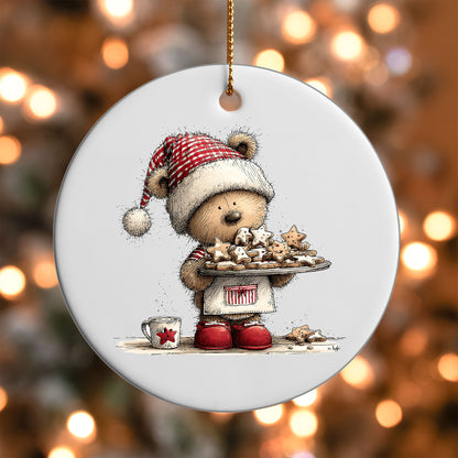 Woodland Bear with Cookies ornament UV DTF transfer on a round white ornament with a bokeh light background