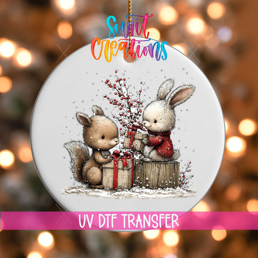 Woodland Bunny And Squirrel With Gifts Christmas Ornament UV DTF Transfer | O-1874 - Swiit Creations