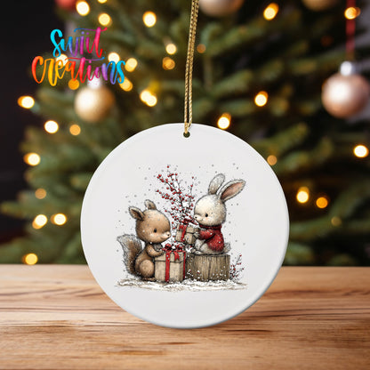 Woodland Bunny And Squirrel With Gifts Christmas Ornament UV DTF Transfer | O-1874 - Swiit Creations