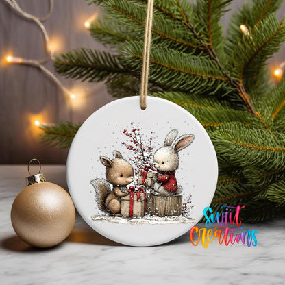 Woodland Bunny And Squirrel With Gifts Christmas Ornament UV DTF Transfer | O-1874 - Swiit Creations